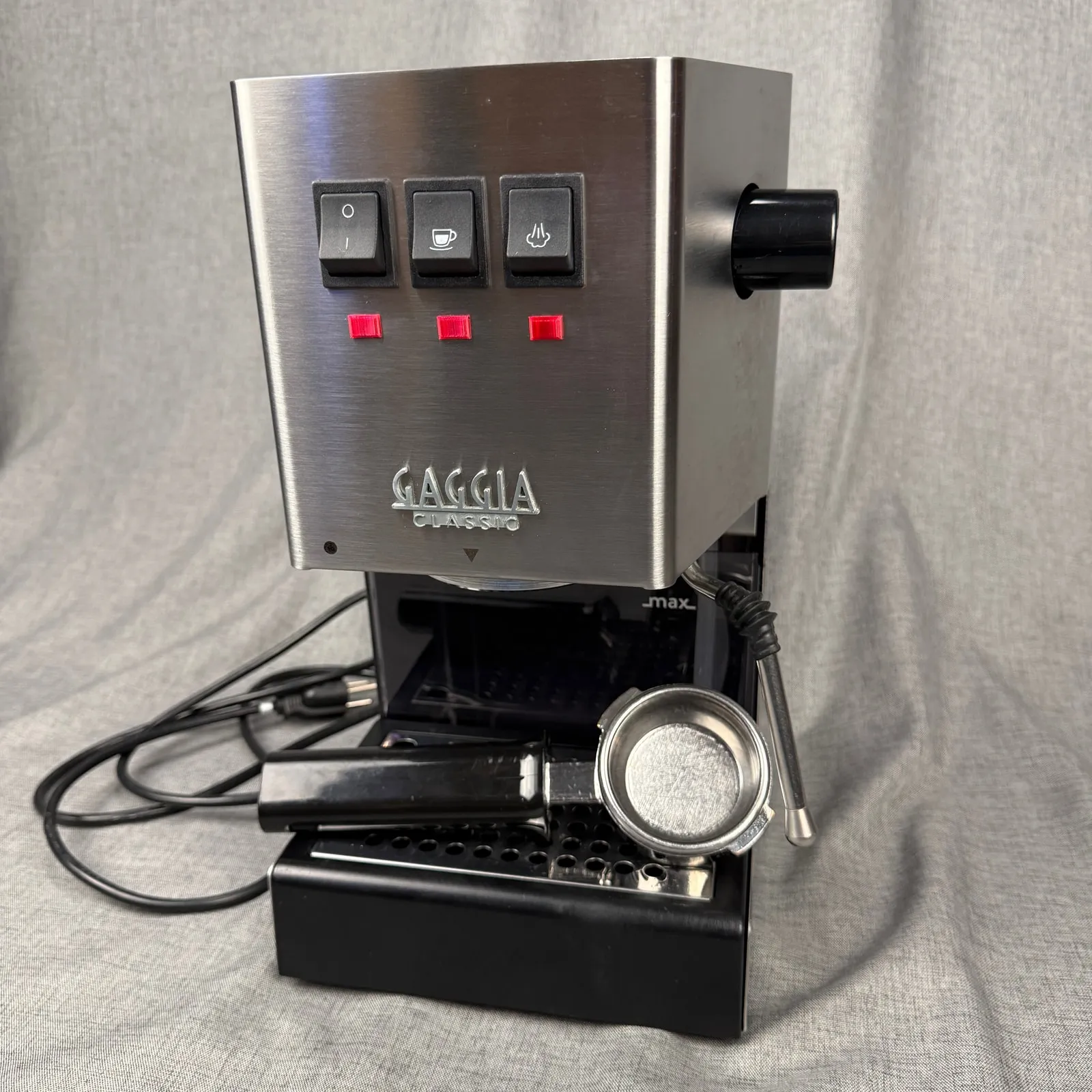 Gaggia Classic Pro espresso machine in brushed stainless steel, with its portafilter