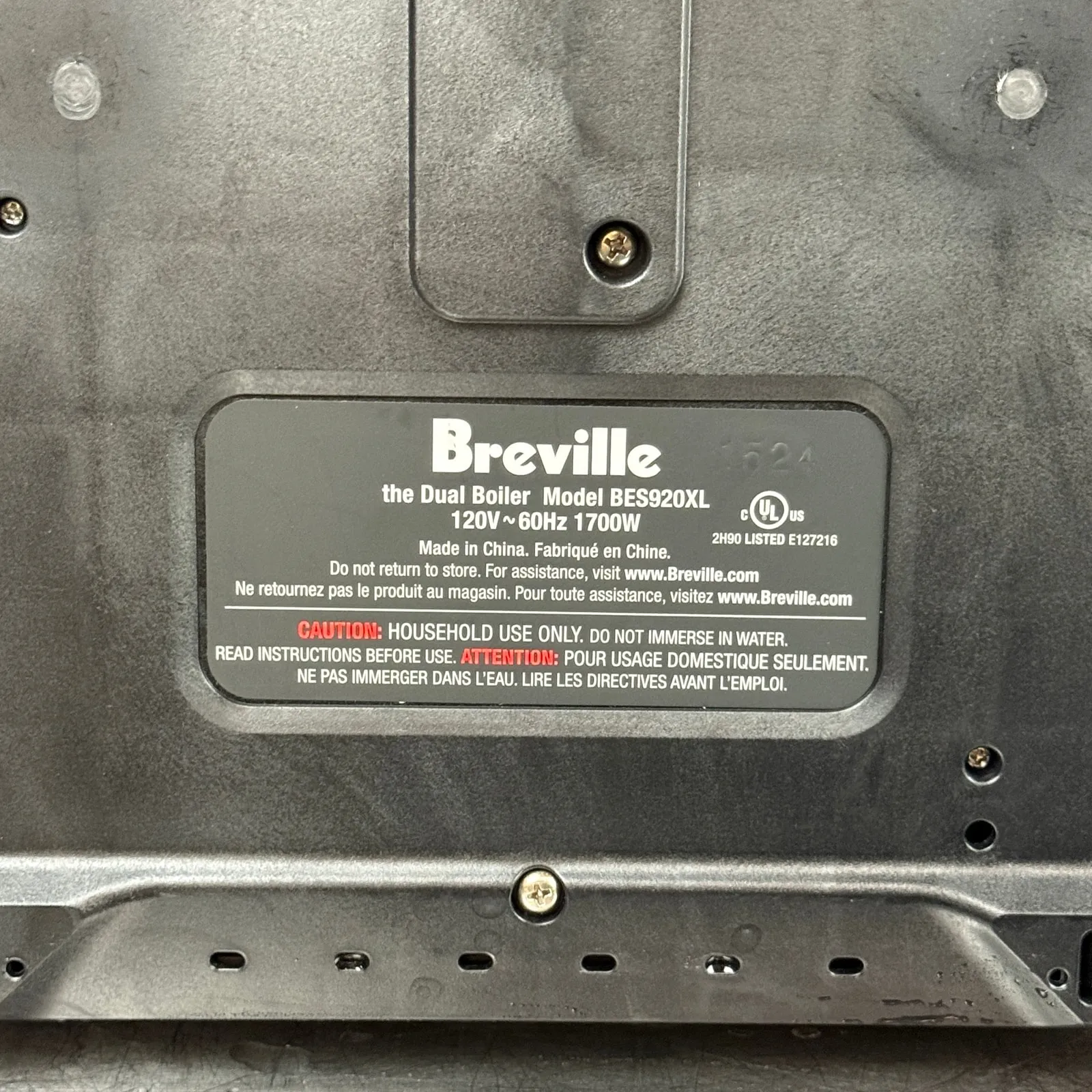 Rating plate on the base of the Breville Dual Boiler BES920XL: model, 120 V, 1700 W